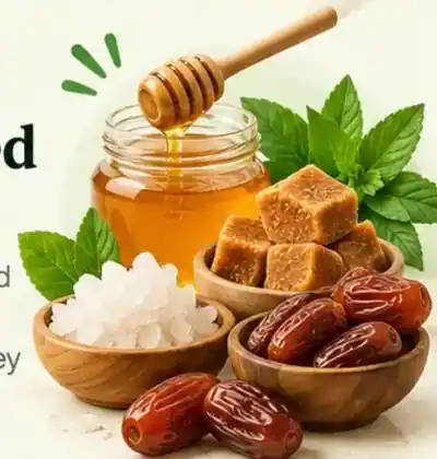 Honey, stevia, jaggery, dates and thread mishri