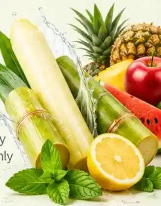 Peeled and washed sugarcane with fresh fruit