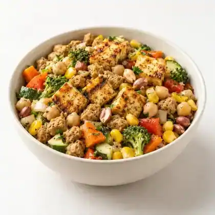 Paneer Soy Power Bowl with chickpeas, corn and vegetables