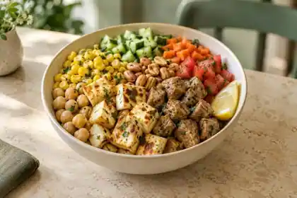 Grilled paneer and soy power bowl with chickpeas, corn, peanuts and fresh vegetables